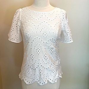 Massimo Dutti White Eyelet Split Sleeves Scalloped Hem CottageCore Top Size S